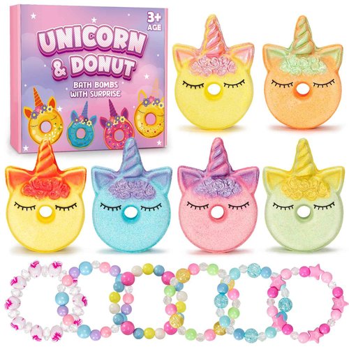 Bath Bombs for Girls,6 Packs Unicorn Donut Bubble Bath Bathbombs with Surprise Toys Inside, Bath Toys for Kids Age 4-8, Birthday Christmas Basket Stuffer Gifts for Girls 3 4 5 6 7 8