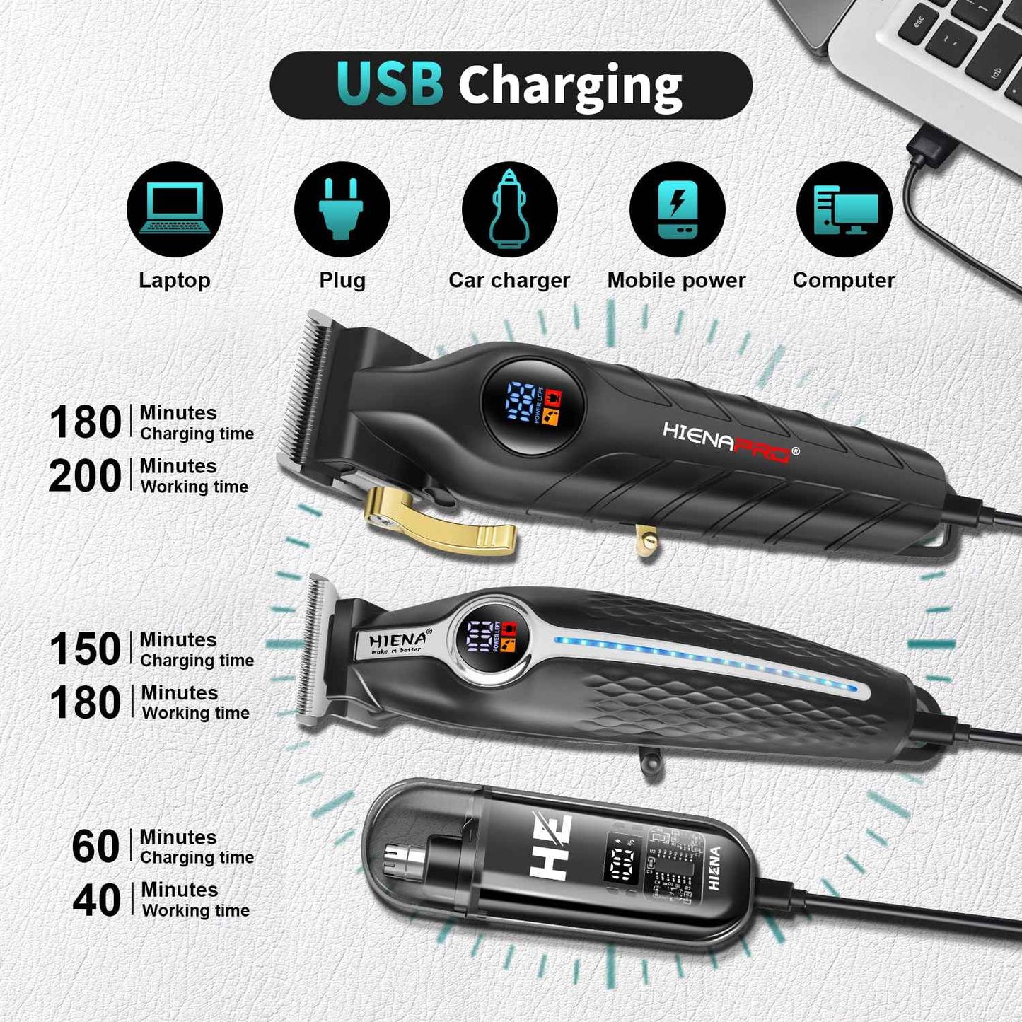 HIENA PRO Professional Hair Clippers for Men, Electric Hair Clipper Set for Barber Kit ，Hair Clipper and Trimmer Set，Full Barber Clipper Set with LED Display Gifts Mens (Silver)