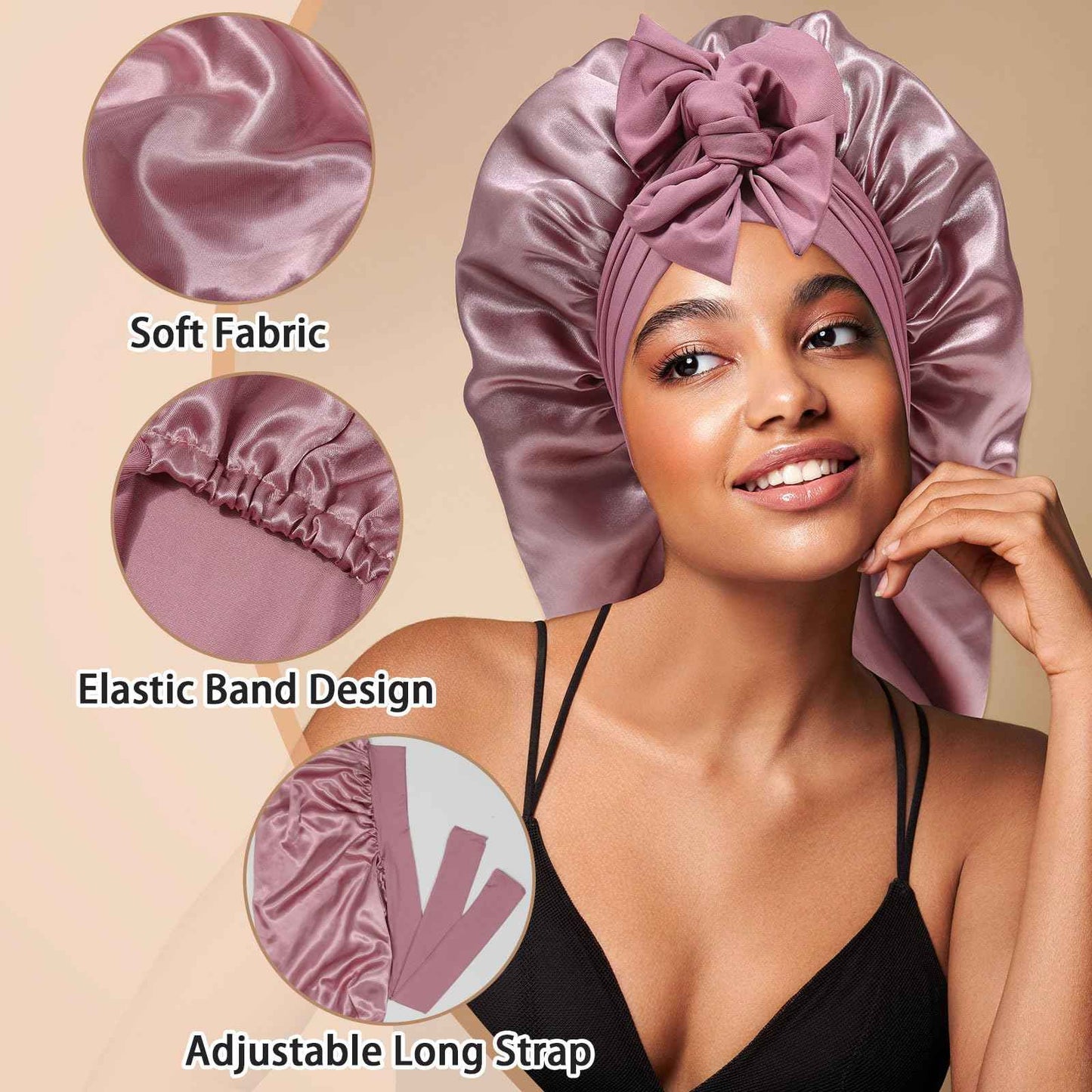 Long Satin Braid Bonnet for Women Silk Bonnet for Sleeping Sleep Cap with Elastic Tie Band Night Cap for Long Curly Hair Give Away Scrunchie(Bean Paste)