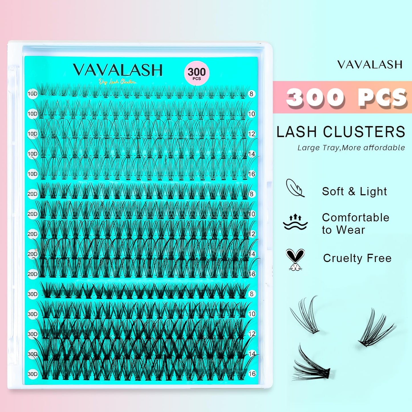 VAVALASH Lash Clusters Extensions Kit 300Pcs 3 Styles 10D 20D 30D-0.07-8-16MM Cluster Lashes Wispy DIY Individual Lashes, Lash Bond and Seal, Lash Tweezer for DIY at Home (10D+20D+30D-Kit)