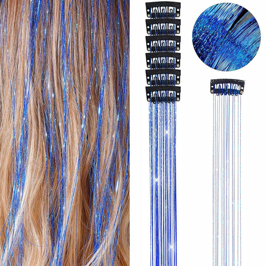 Hair Tinsel Clip in Tinsel Hair Extensions Blue Fairy Glitter Hair Tinsel Kit for Women Heat Resistant 21.5In 6Pcs Festival Hair Accessories for Party, Christmas, New Year, Halloween, Cosplay