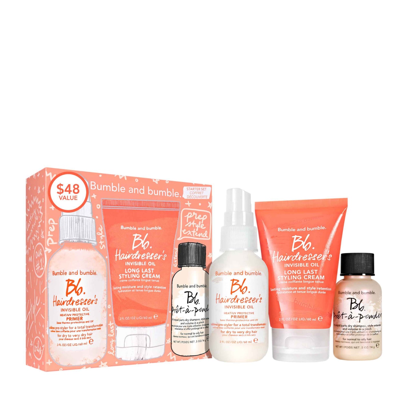 Bumble and bumble. Prep, Style, Extend Starter Set | Hairdresser's Invisible Oil Primer, Hairdresser's Invisible Oil Long Lasting Styling Cream + Prêt-à-powder Dry Shampoo