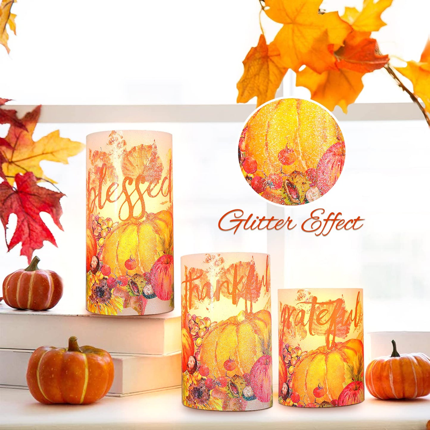 REVELBUNNY Thanksgiving Flameless Candles Maple Leaf Pumpkin LED Candles with Remote Timer Battery Operated Pillar Candle for Thanksgiving Autumn Harvest Halloween Party Decorations - Set of 3