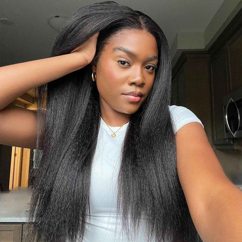 CARA 3 in 1 Half Wig kinky straight, Seamless Flip Over Half Wigs Glueless Wear and Go Beginner Friendly Clip In Hair Drawstring Headband Wig for Women 1B (22inch)