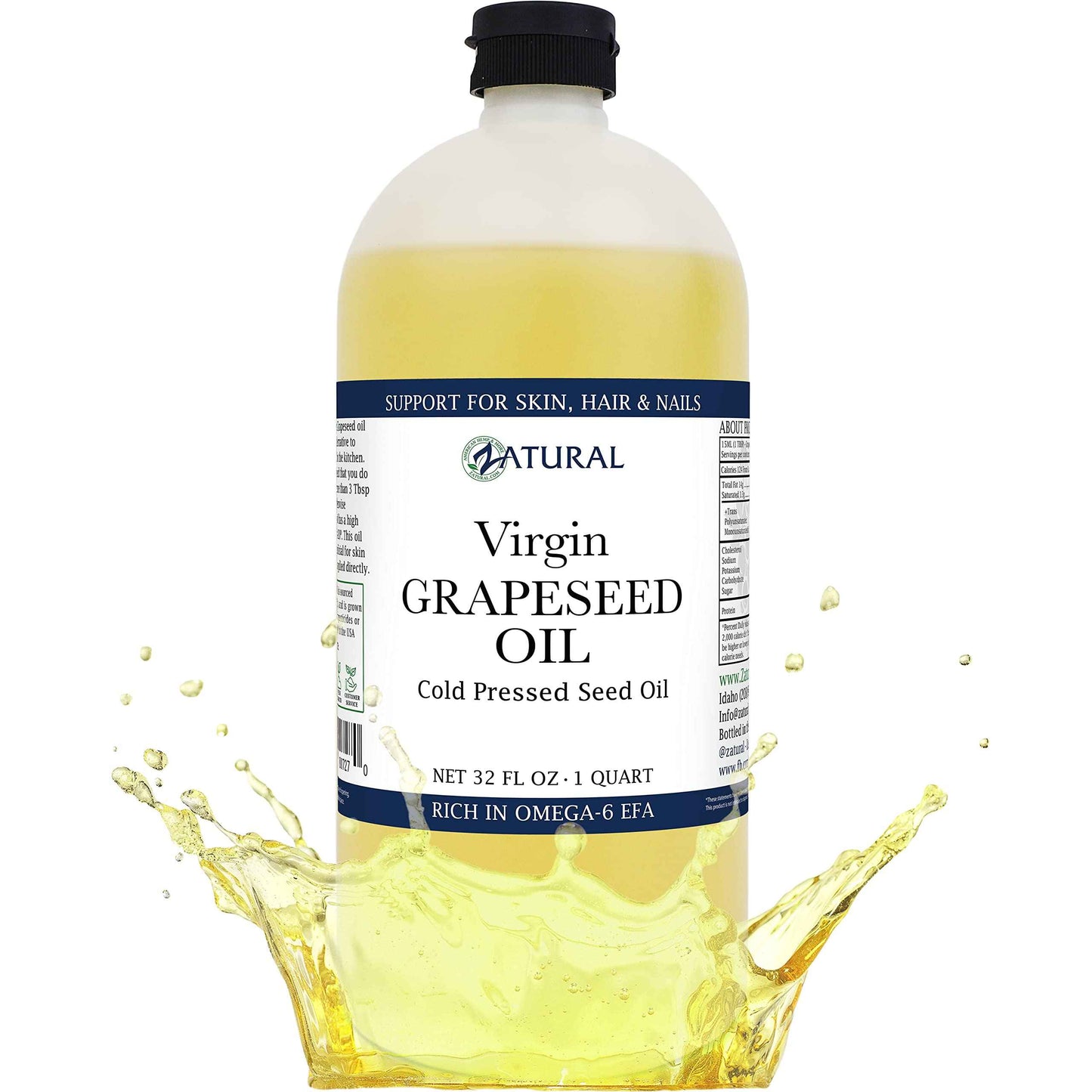 Zatural Grapeseed Oil Naturally Grown 100% Pure Cold Pressed Virgin High Tempurature Cooking Oil (32oz)