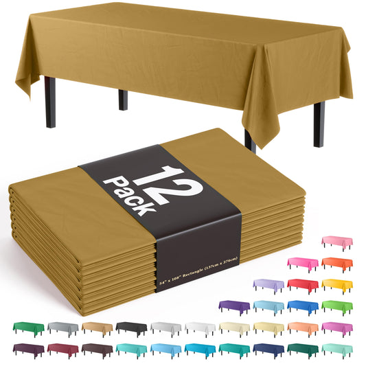 Exquisite 12-Pack Premium Plastic Tablecloth 54in. x 108in. Rectangle Table Cover - Gold