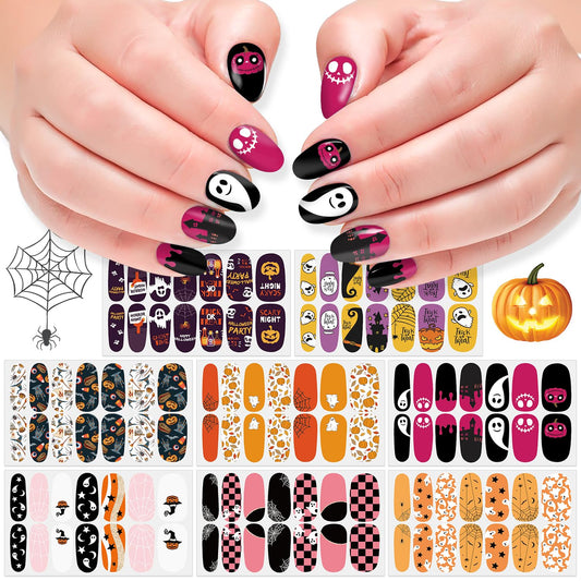 DANNEASY 8 Sheets Halloween Nail Wraps for Women Holiday Nail Polish Stickers Self Adhesive Nail Polish Strips Pumpkin Skull Ghost Fingernail Nails Design with Nail File, Cuticle Stick