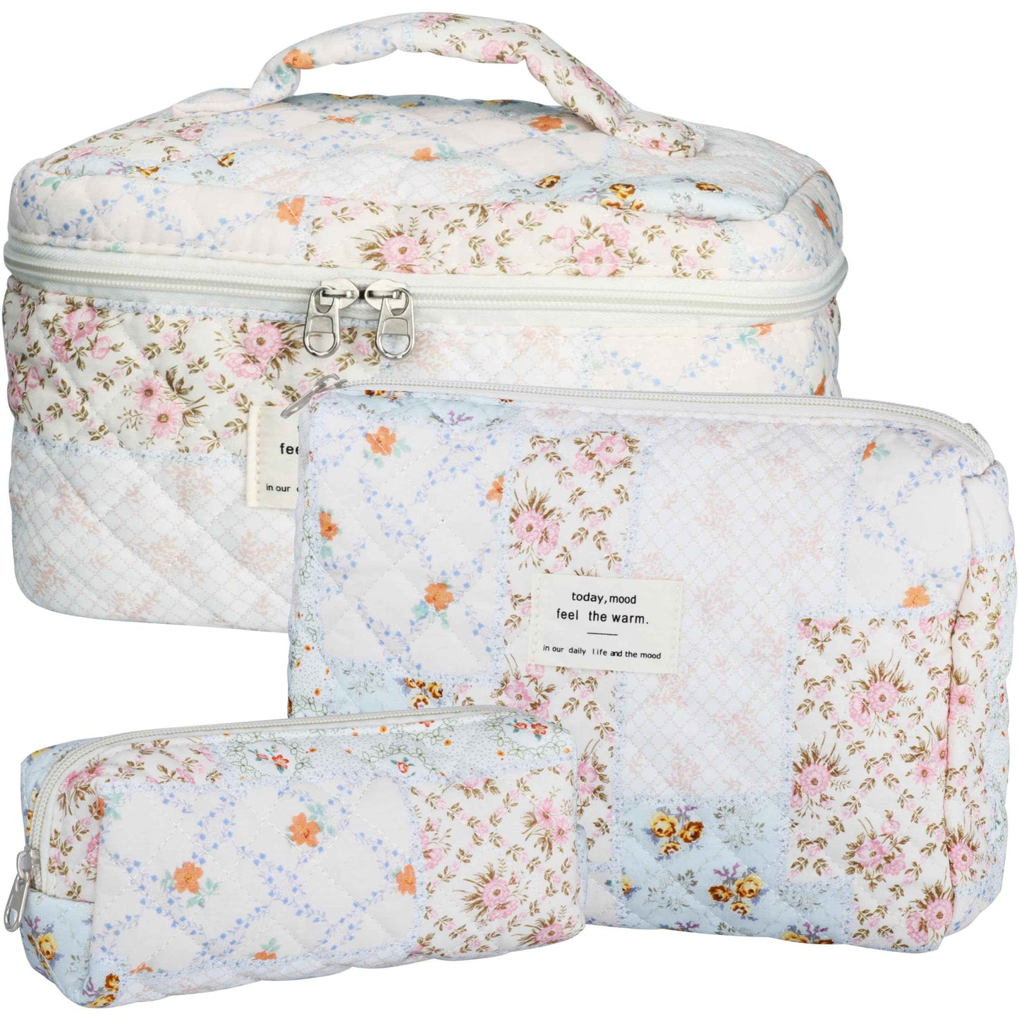 TESAFNG Quilted Makeup Bag Set - 3 PCS Cute Floral Cotton Makeup Bag, Large Coquette Aesthetic Make up Cosmetic Bag, Flower Travel Toiletry Organizer Bags for Women Girls