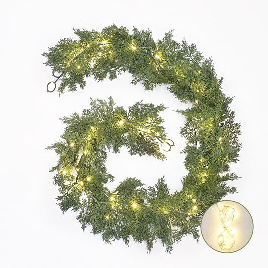 Dolicer 4 Pack 5.7 Ft Christmas Cedar Garland - Christmas Garland with 80 Led Lights Strings, Garlands for Decoration Christmas, Pine Garland for Winter Table Mantle Wall Room Outdoor Indoor Decor