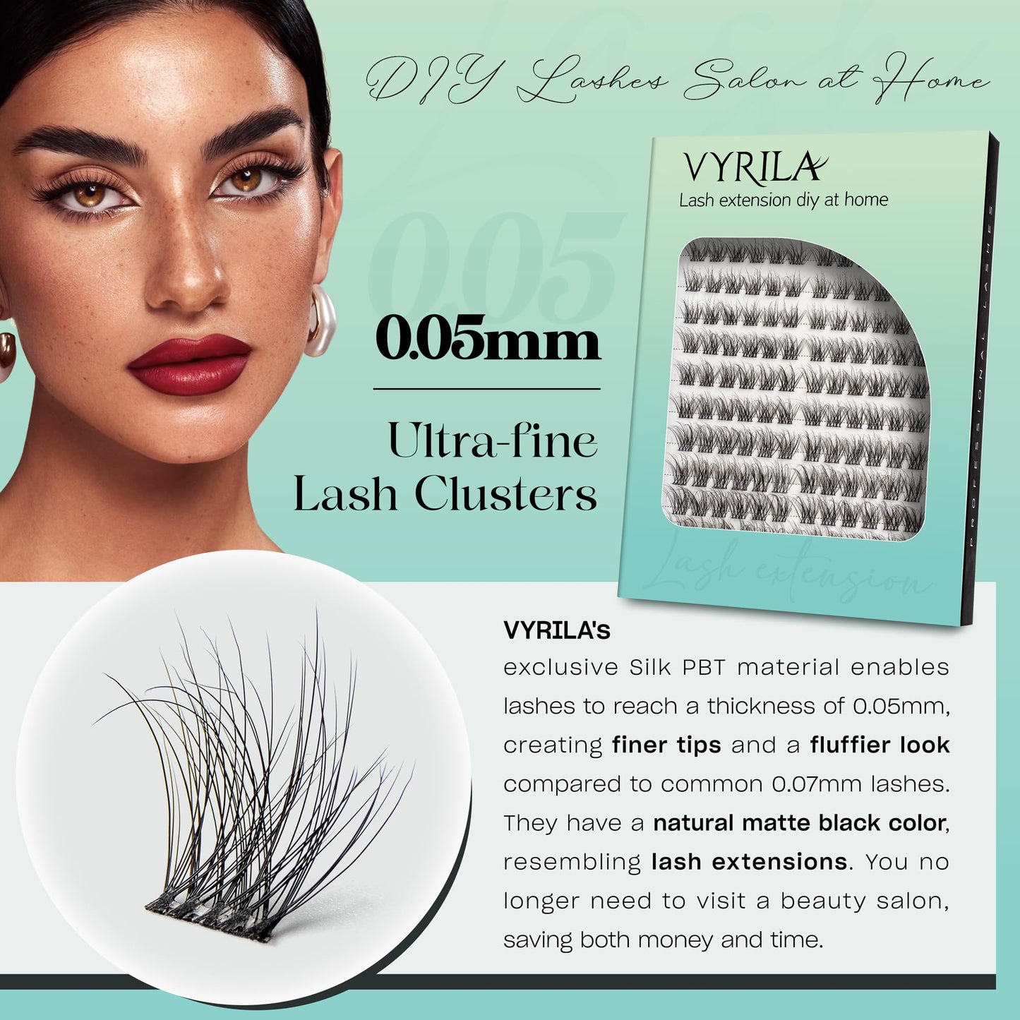 VYRILA Lash Clusters 0.05mm Individual Lashes, 3D Wispy Lashes Clusters, 0.1mm Super Thin Band Resuable Natural Lashes,D Curl Faux Mink Lashes,144pcs Lash Extension (Green Hush-D-0.05-8-16mix)