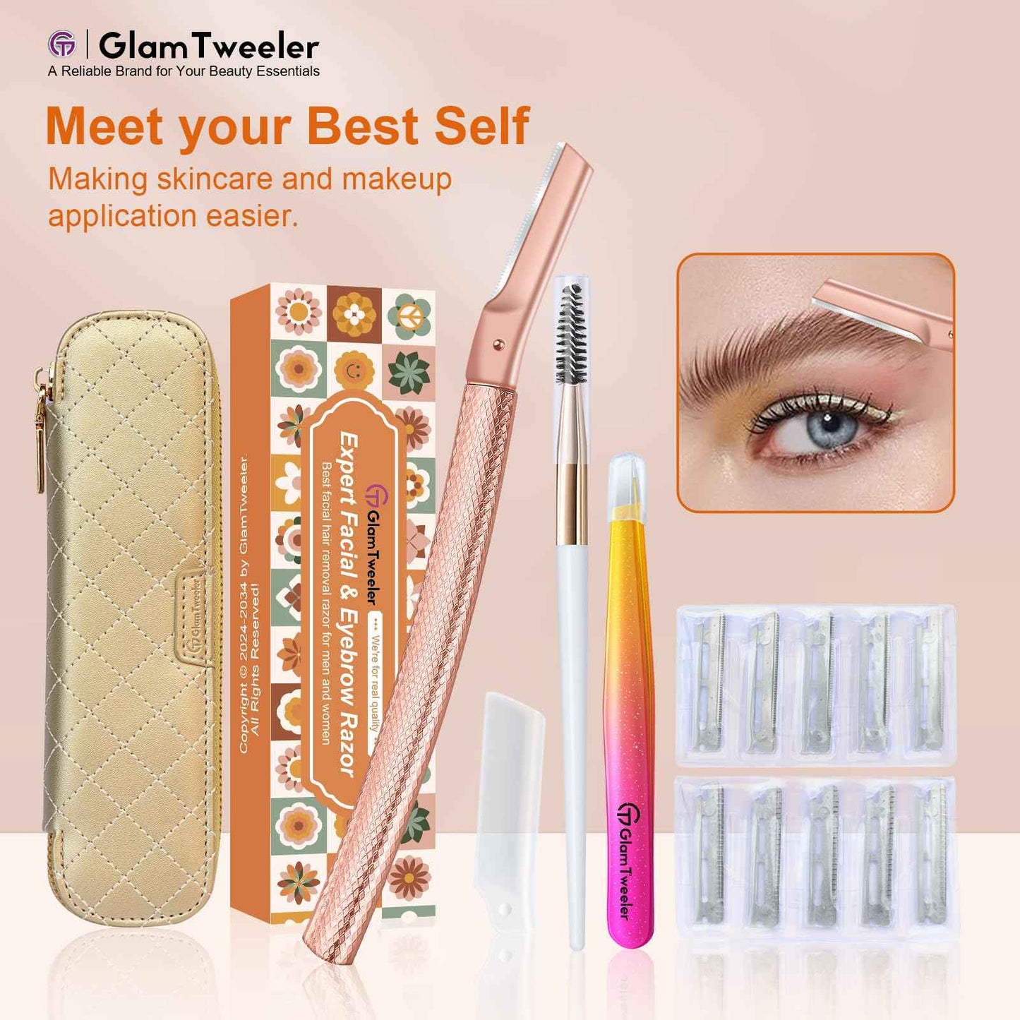 Women's Dermaplane Face & Eyebrow Razor Kit with GlamTweeler Slant Tweezers, Spoolie Brush, and Luxury Leather Storage & Travel Case + 10 Refill Blades (Rose Gold)
