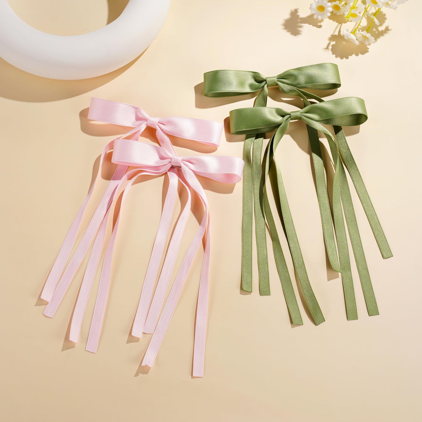 VULETO 4 Pcs Hair Bows Clips Tassel Ribbon Bows for Hair Satin Bow Hair Clip Bowknot Barrettes Hair Accessories for Women Girls Green Pink