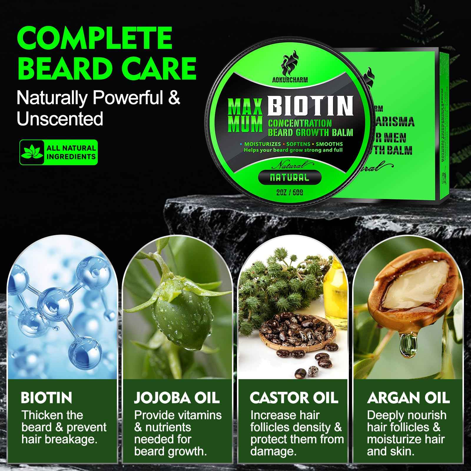 Biotin Beard Balm for Men – Unscented, Fast-Absorbing Beard Softener & Growth Balm with Castor, Shea & Jojoba – Conditions, Styles & Thickens Coarse or Patchy Facial Hair – Idea Gift for Him – 2 OZ