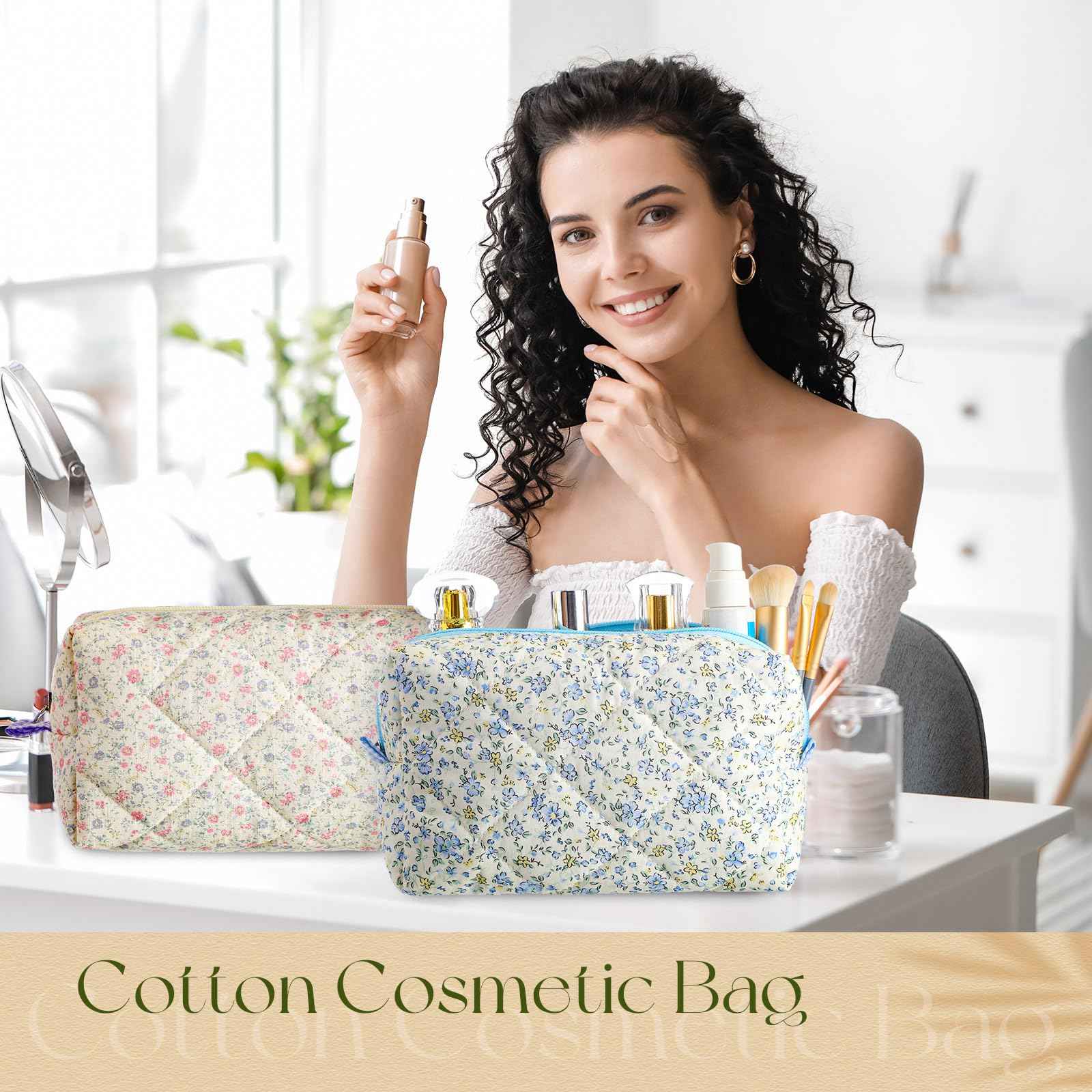 Paterr 10 Pcs Cotton Quilted Makeup Bag Bulk Cute Cosmetic Bag for Women Floral Gingham Coquette Aesthetic Travel Toiletry Pouch Bags Bridesmaid Gifts(Classic Style,7.87 x 4.72 x 3.15 Inches)