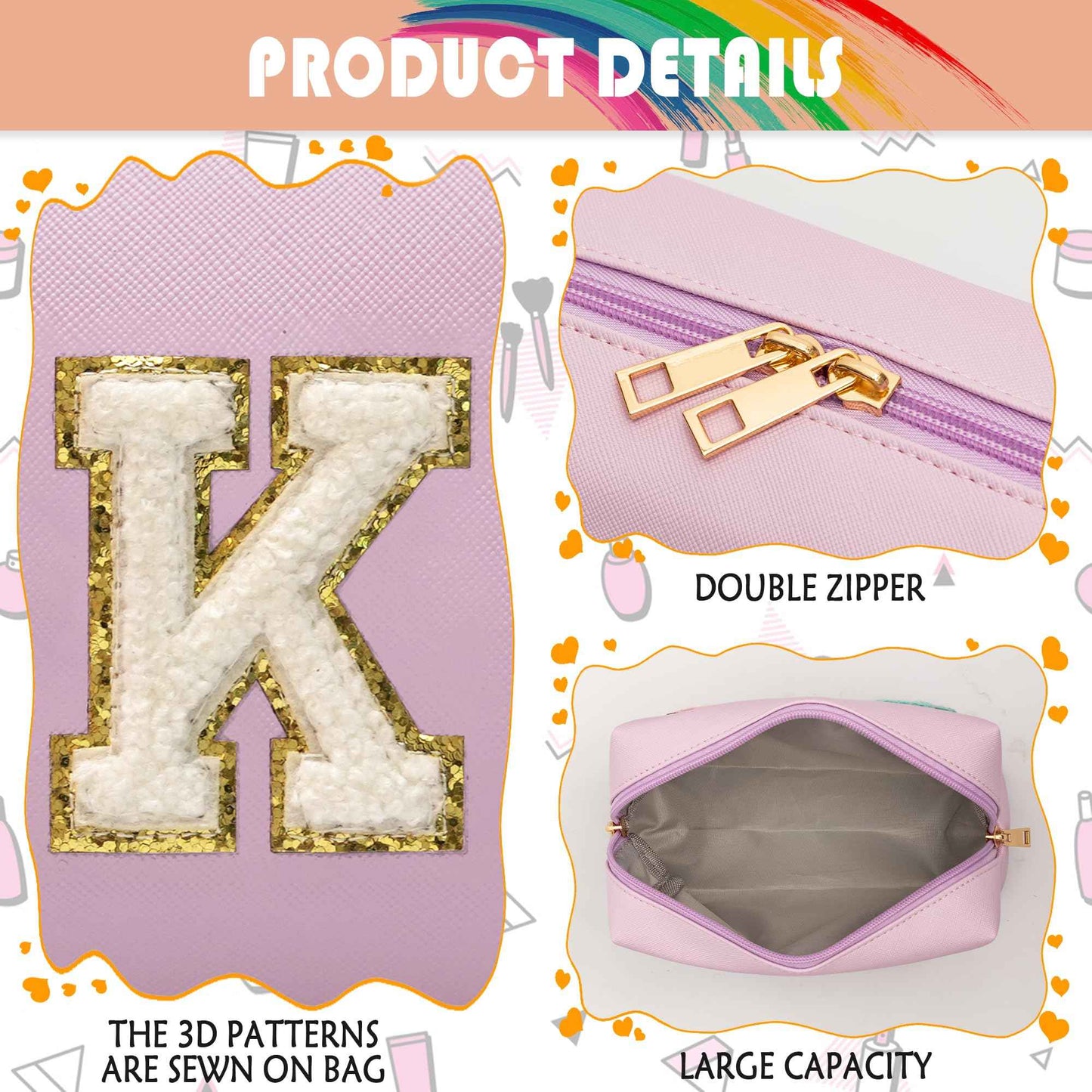 LUCKIPLUS Makeup Bag Preppy Cosmetic Pouch, Monogram Initial Pink Cute Skincare Travel Make up Organizer, Waterproof PU Preppy Case Brithday Gift for Daughter Women Mother (Letter K)