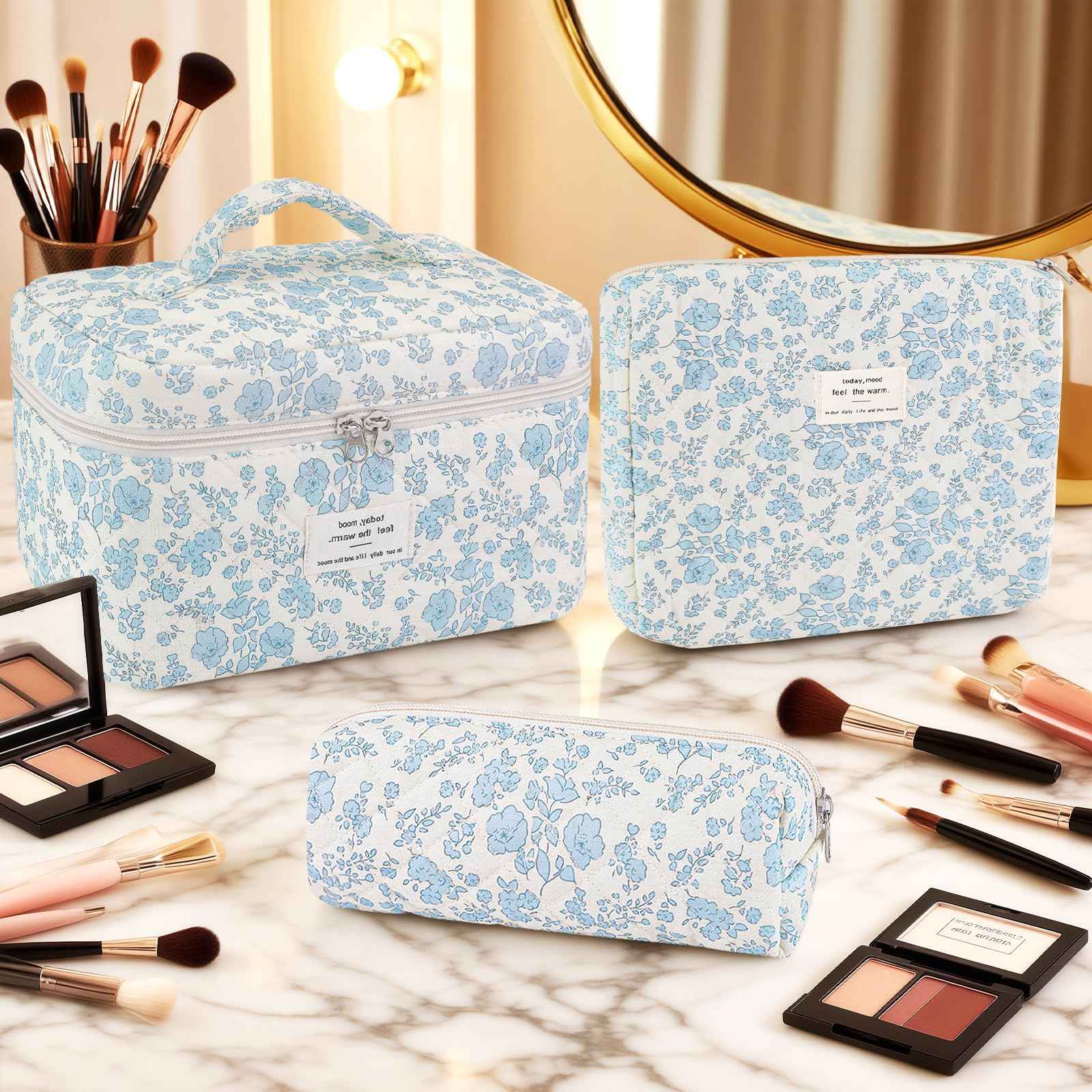 Givurao 3Pcs Cotton Quilted Makeup Bag for Women Girls, Large Floral Cosmetic Bag Set Cute Makeup Brushes Aesthetic Accessories Storage Bag Travel Toiletry Bag Organizer, Little Flower Blue