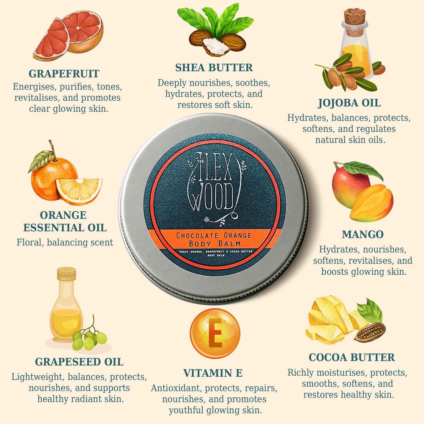 The Ilex Wood - Chocolate Orange Body Balm. Orange and Cocoa Butter Vegan Body Balm. 100% Natural Moisturising Body Butter Cream. - 250ml (8.45 fl oz)