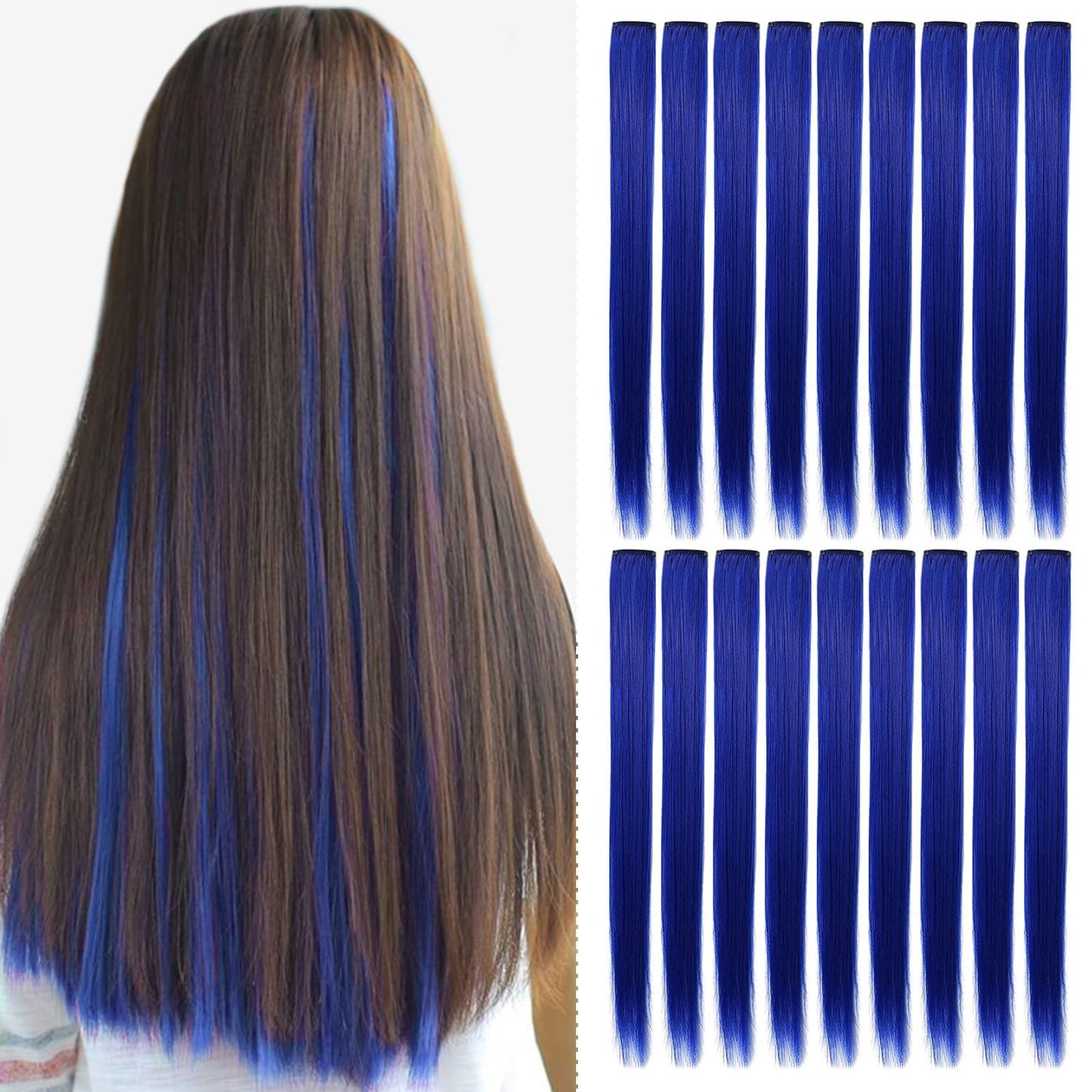 XIRRWWH 16 Pcs 21 Inch Colored Hair Extensions Clip in,Blue Wigs Heat Resistant Straight Party High Gloss Blue Hair Accessories Gifts for Women (Sapphire blue)