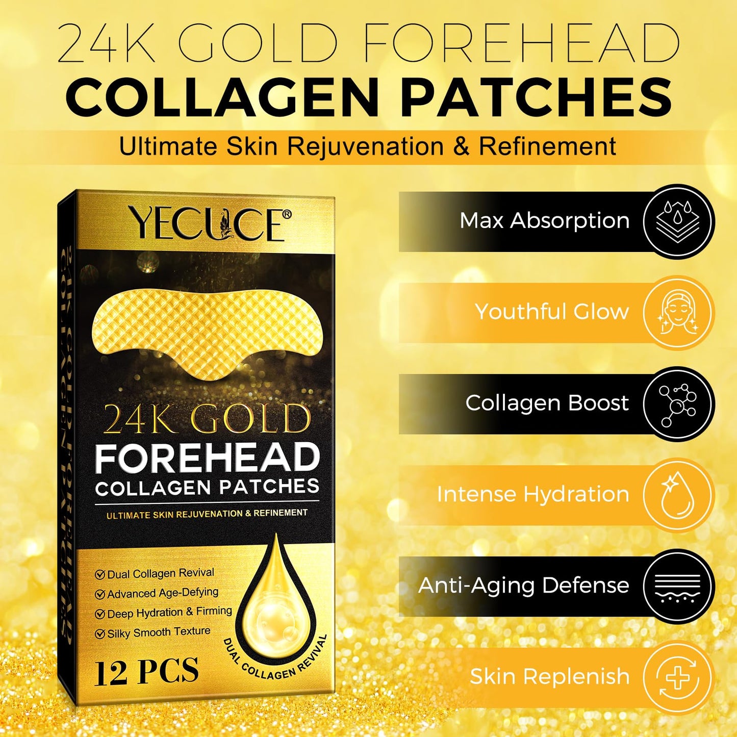 Onznoz Forehead Wrinkle Patches 12pcs, Facial Patches Forehead, 24k Gold Forehead Collagen Patches with Collagen, Aloe, Vitamin E Deep Hydration & Firming (Gold)