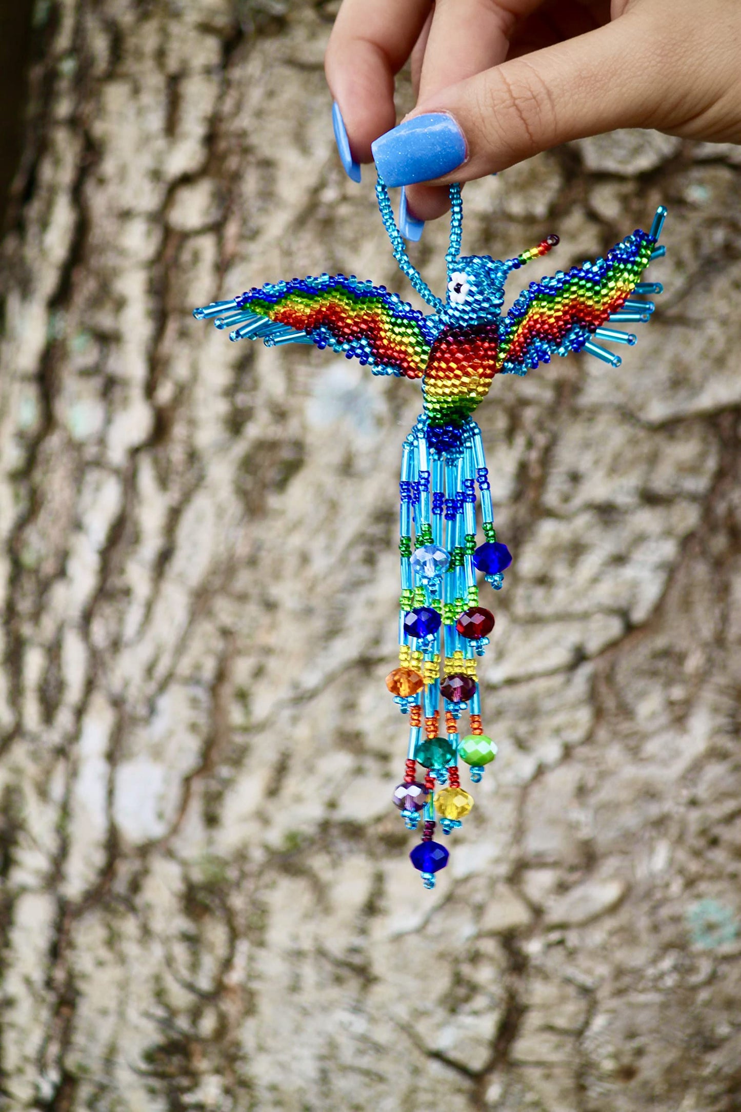 Hummingbird Hanging Figurine Ornament Czech Glass Seed Bead Fringe Tail Dangles - Handmade Gifts Spirit Animal Boho Accessories (Turquoise/Rainbow)