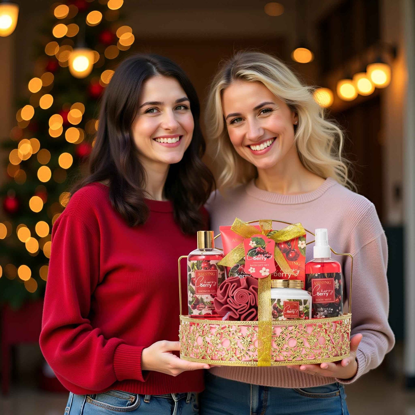 Bath & Body Basket Set, Cherry Fruit Scent Spa Gift Basket with Shower Gel, Lotions for Women Gift Set, Spa Kits for Christmas Valentine's Birthday Gift All Occasion Holiday Gift Idea Luxury Bath Set