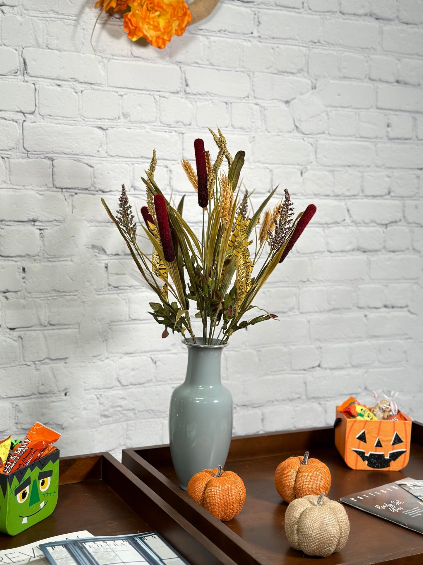 Admired By Nature 14 Stems Artificial Flowers Cattail Wheat Fall Mixed Bush Decorative Flower Arrangements Faux Cattails Plant for Wedding Home Office Cemetery Flowers for Grave, Burgundy, Set of 2