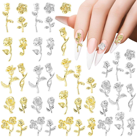 HINZIC 44 PCS Gold Rose Nail Charms 3D Vintage Roses Flowers for Nails Retro Metal Silver Nail Jewels Nail Studs for Acrylic Nails Decoration DIY Craft Making