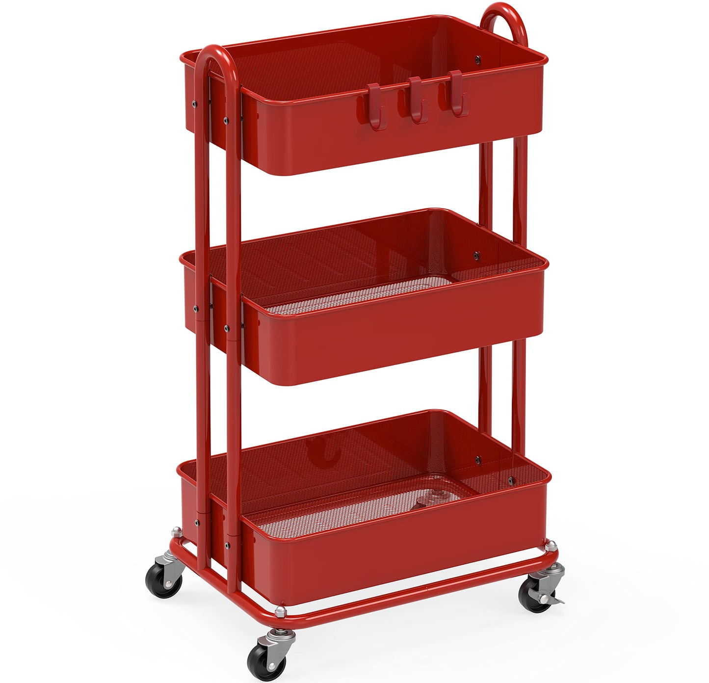 Simple Houseware Heavy Duty 3-Tier Metal Utility Rolling Cart, Red