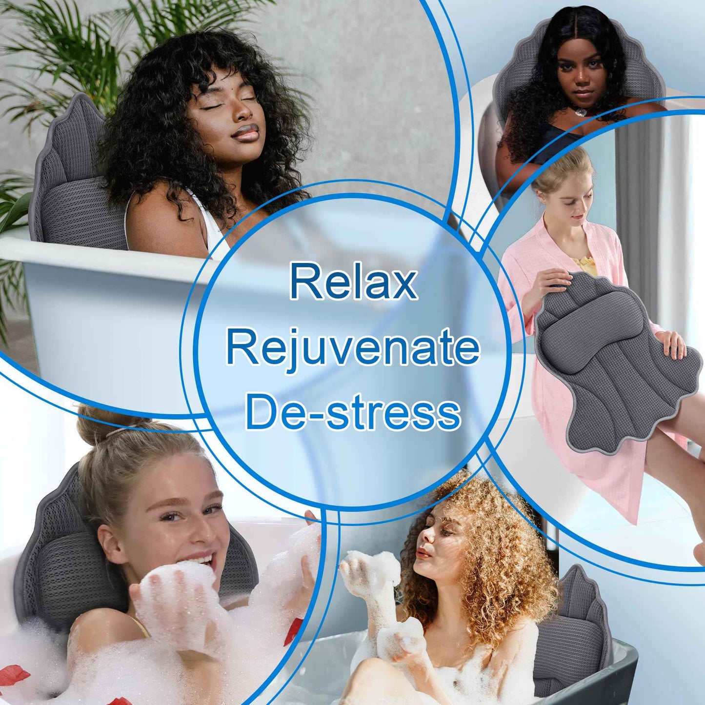 Poemland Bath Pillows for Tub, Luxury Bath Pillow Soft 4d Mesh, Bathtub Pillow with 6 Suction Cups, Ergonomic Bath Tub Pillows for Head and Neck, Bath Accessories for Women Relaxation Gifts (Grey)