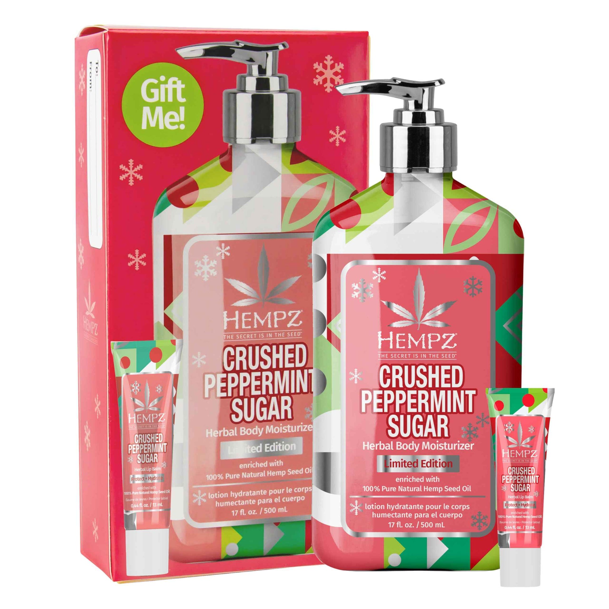 Hempz Crushed Peppermint Sugar Gift Set , Body Lotion and Lip Balm, for Men & Women