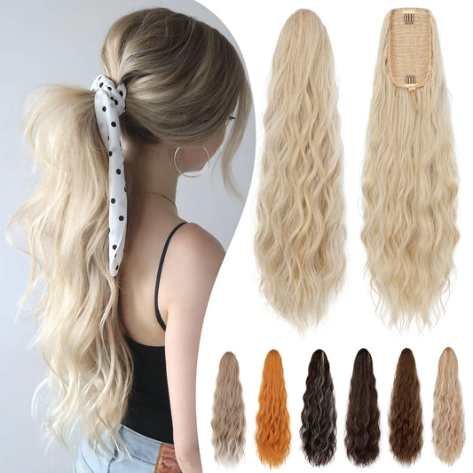 Cephermer Ponytail Extension 24'' Long Wavy Drawstring Pony Tails Hair Extension Ponytail Baby Blonde mix Bleach Blonde Synthetic Hairpiece for Women