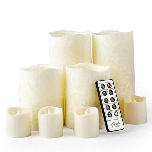 FURORA LIGHTING Ivory Crystallized Real Wax Flickering Candles with Remote and Timer, 4 Pillars and 4 Votives Pack of 8 for Home Décor, Battery Included