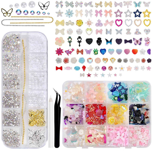 CUBLIVE 3D Nail Charms Set, Colorful Flower Bow Heart Star Butterfly Nail Art Charm, Half Round Pearl & Flatback AB Rhinestones, Nails Decorations Accessories Supplies