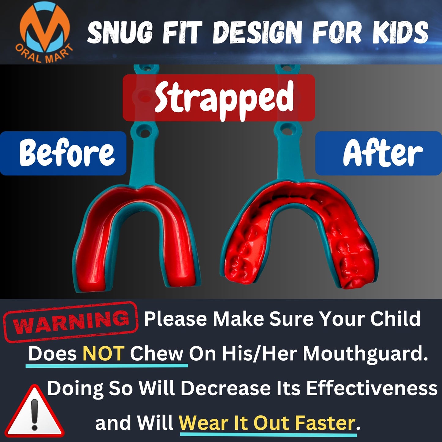 Oral Mart 2024 Strapped Youth Mouth Guard (Aqua/Red) for Kids - Sports Mouthguard with Connected Strap for Ice Hockey, Football, Lacrosse, Taekwondo