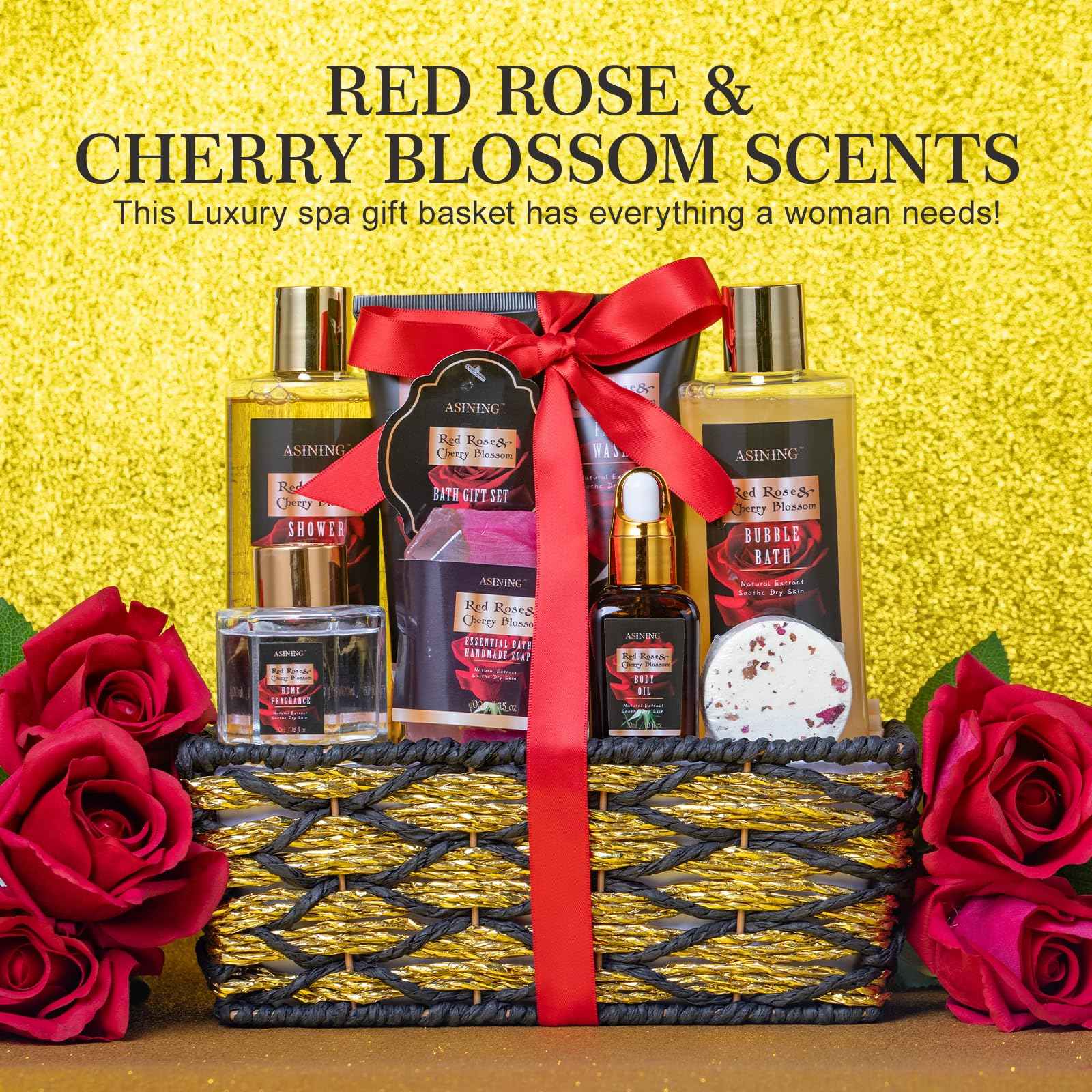 Birthday Gifts for Women, Spa Gift Baskets for Women, 14 Pcs Cherry Blossom & Rose Fragrance Spa Gifts for Mothers Day Gifts, Birthday Gifts for Wife, Self Care Kit