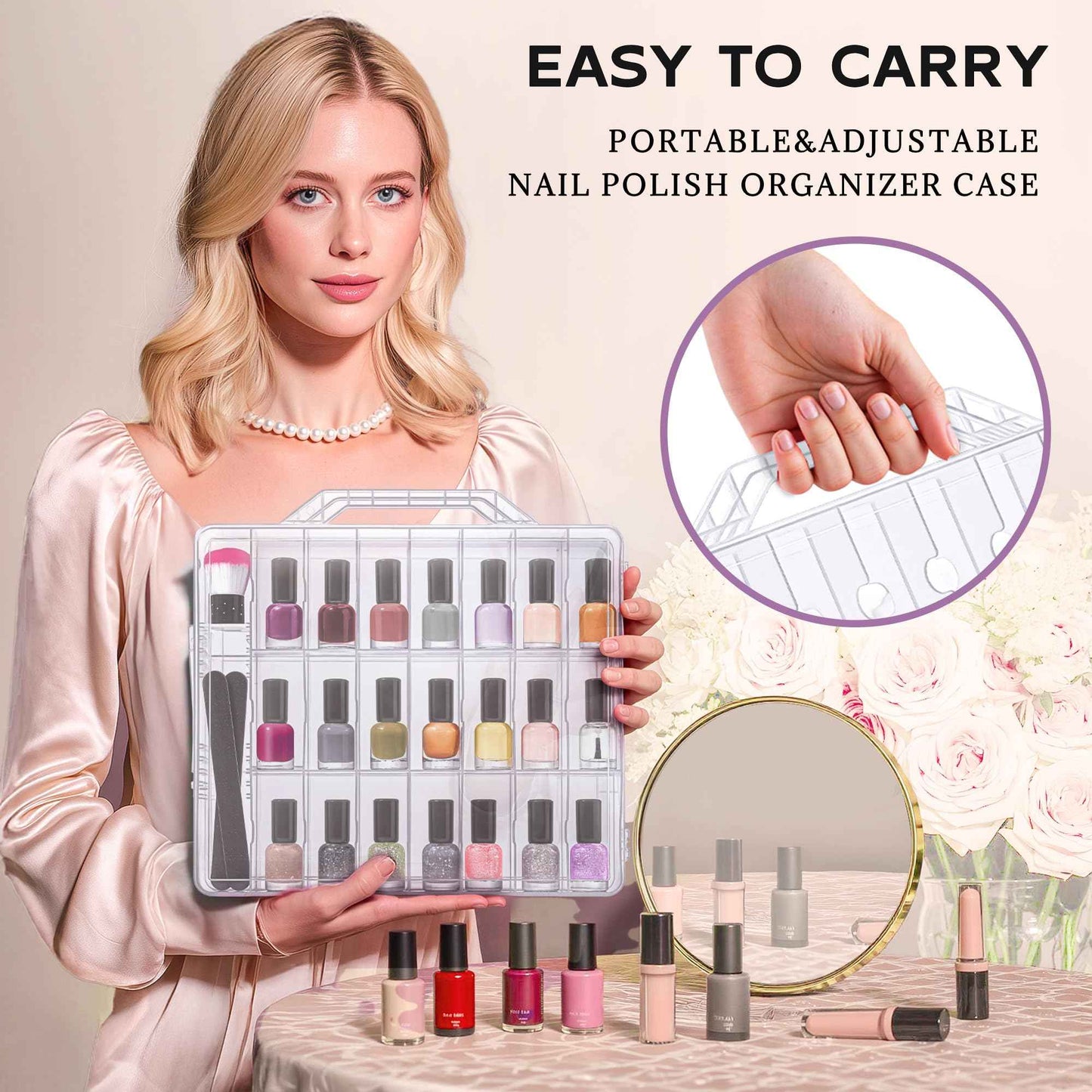 DreamGenius Nail Polish Organizer Case for 48 Bottles with 2 Nail Separators, Double Side Gel Nail Polish Holder with Adjustable Dividers, Clear