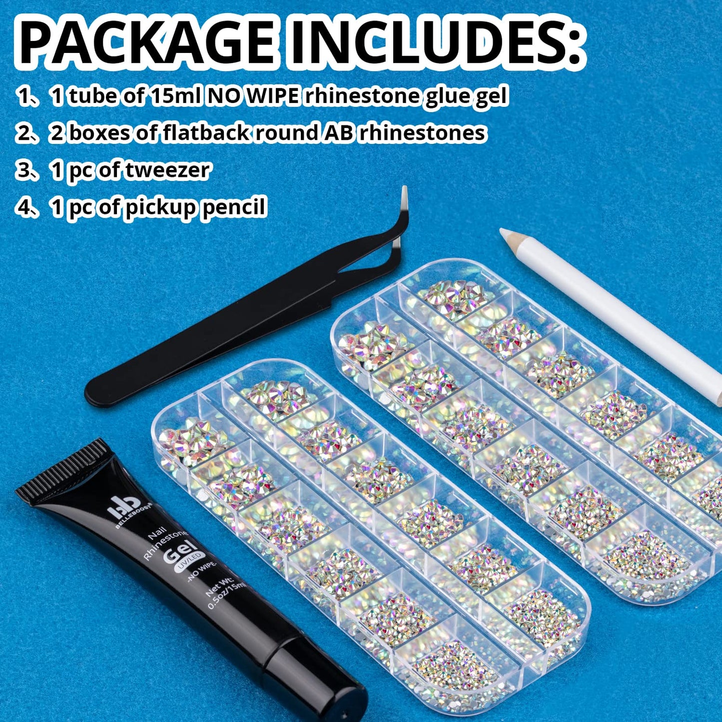 Nail Art Rhinestone Glue Gel&2 Boxes Flatback Gems Accessories Kit, 1 Tube of 15ml Rhinestone Gel Glue(UV/LED Needed)+Crystal AB Gems with Pickup Tools