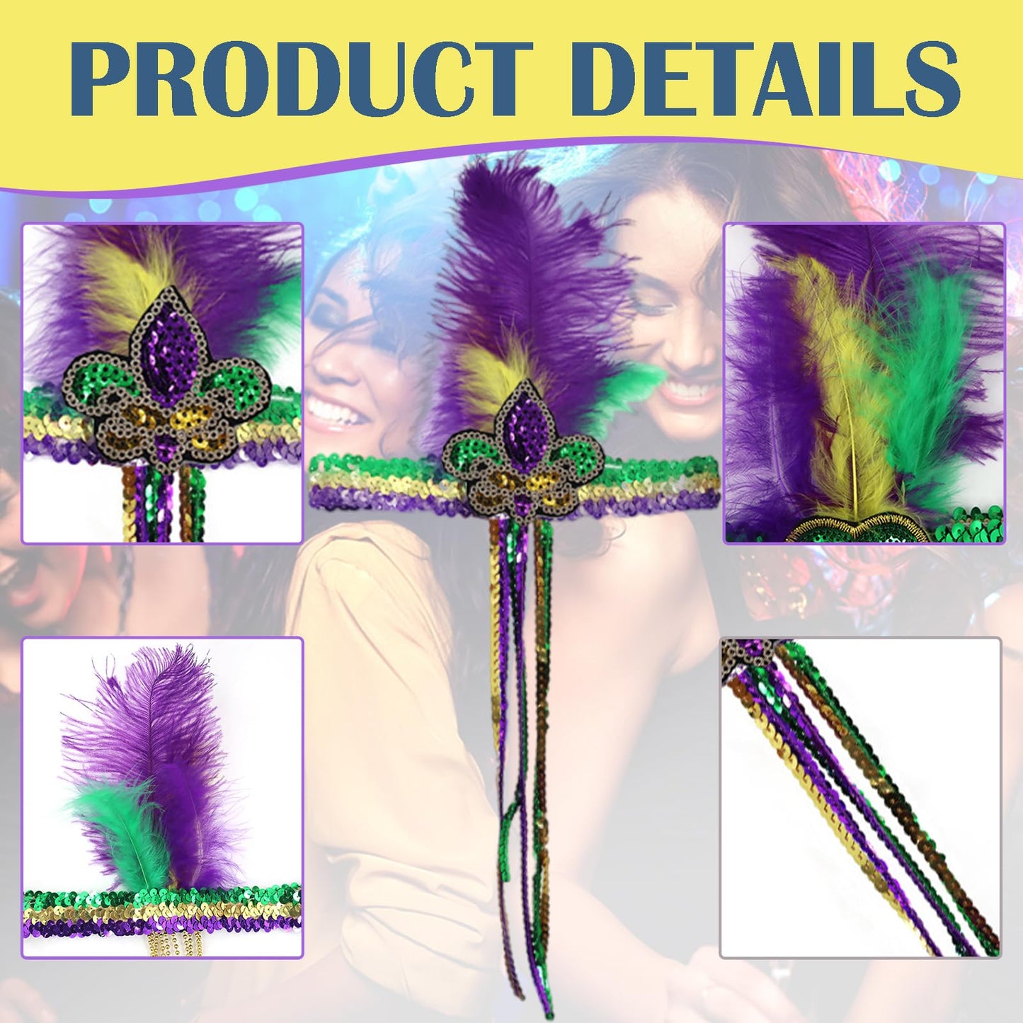 Ceoyiler Mardi Gras Feather Headband for Women's Masquerade Headdress with Sequins