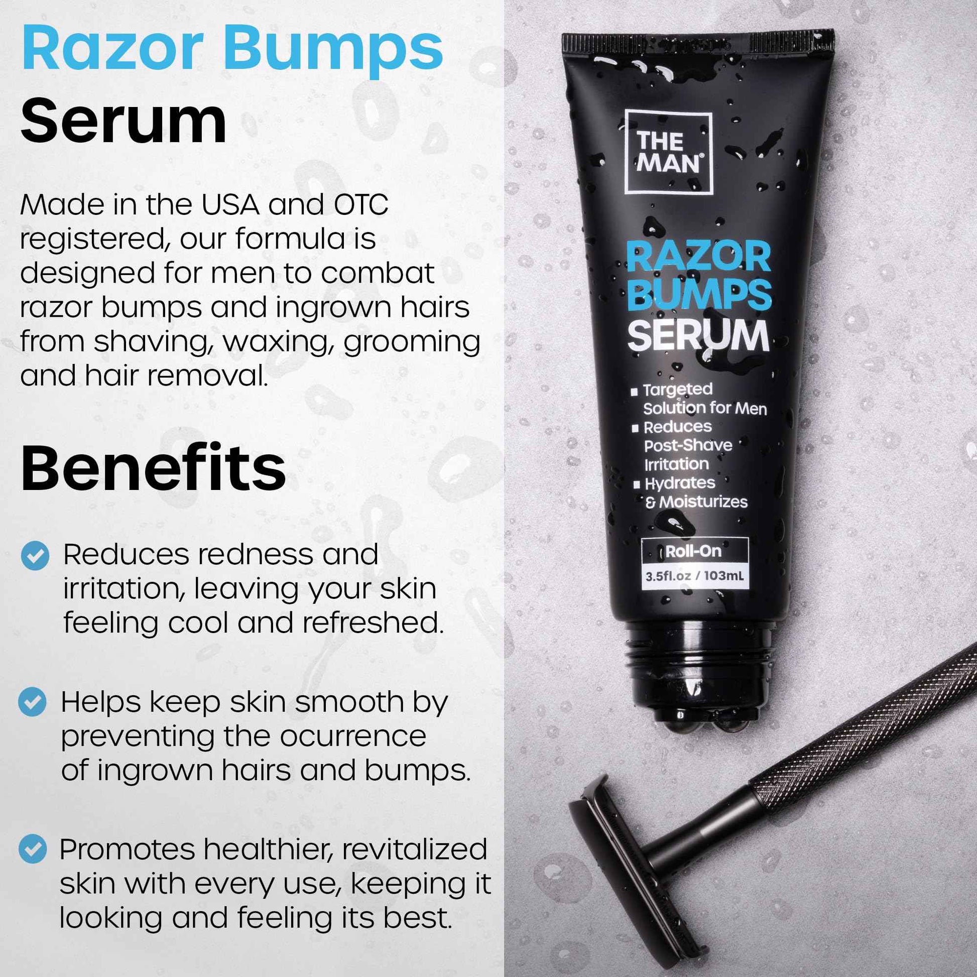 The Man Razor Bumps Serum - Ingrown Hair Treatment for Men - Razor Bump Treatment for Men - Face & Body After Shave & Razor Burn Treatment - Metal Roll On Soothes Skin & Calms Irritation (3.5fl.oz)