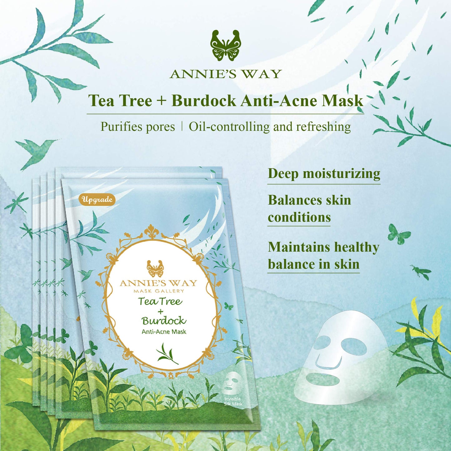 Annie's Way Fantasy Land Face Facial Mask Sheet, Brightening Soothing Stress Relieving Moisturizing Skin for Better Sleep Suitable for All Skin Types 10 Sheets Pack(Tea Tree Burdock Anti-Acne)