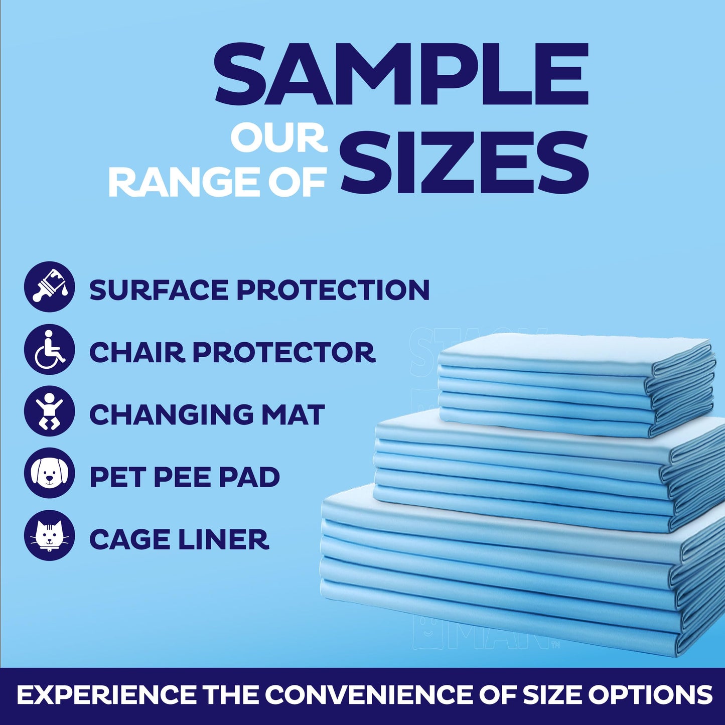 Chucks Pads Variety Pack - 3 Sizes - (17X24", 23X36", 30X36") - 15 Disposable Underpads - The Right Size for Every Need - Make Traveling Easy - Sample Our Range of Sizes or Pack Them for Your Trip!