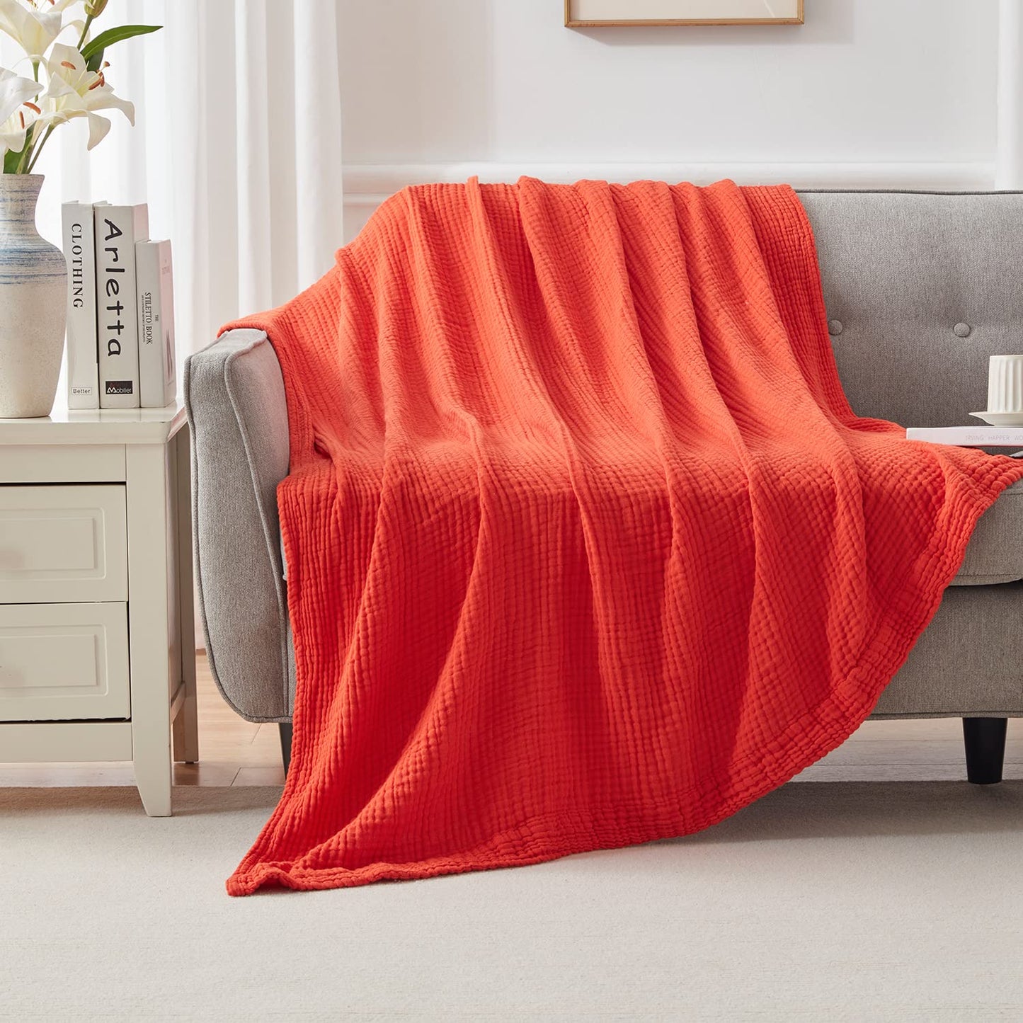 EMME Cotton Blanket Queen Size for Bed Soft Large Muslin Bed Blankets 80"x90" Lightweight Breathable Blanket All Season Gauze Blanket, Orange Rust