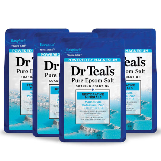 Dr Teal's Epsom Salt Magnesium Soak, Restorative Minerals with Magnesium, Potassium, Zinc & Essential Oils, 3 lbs (Pack of 4)