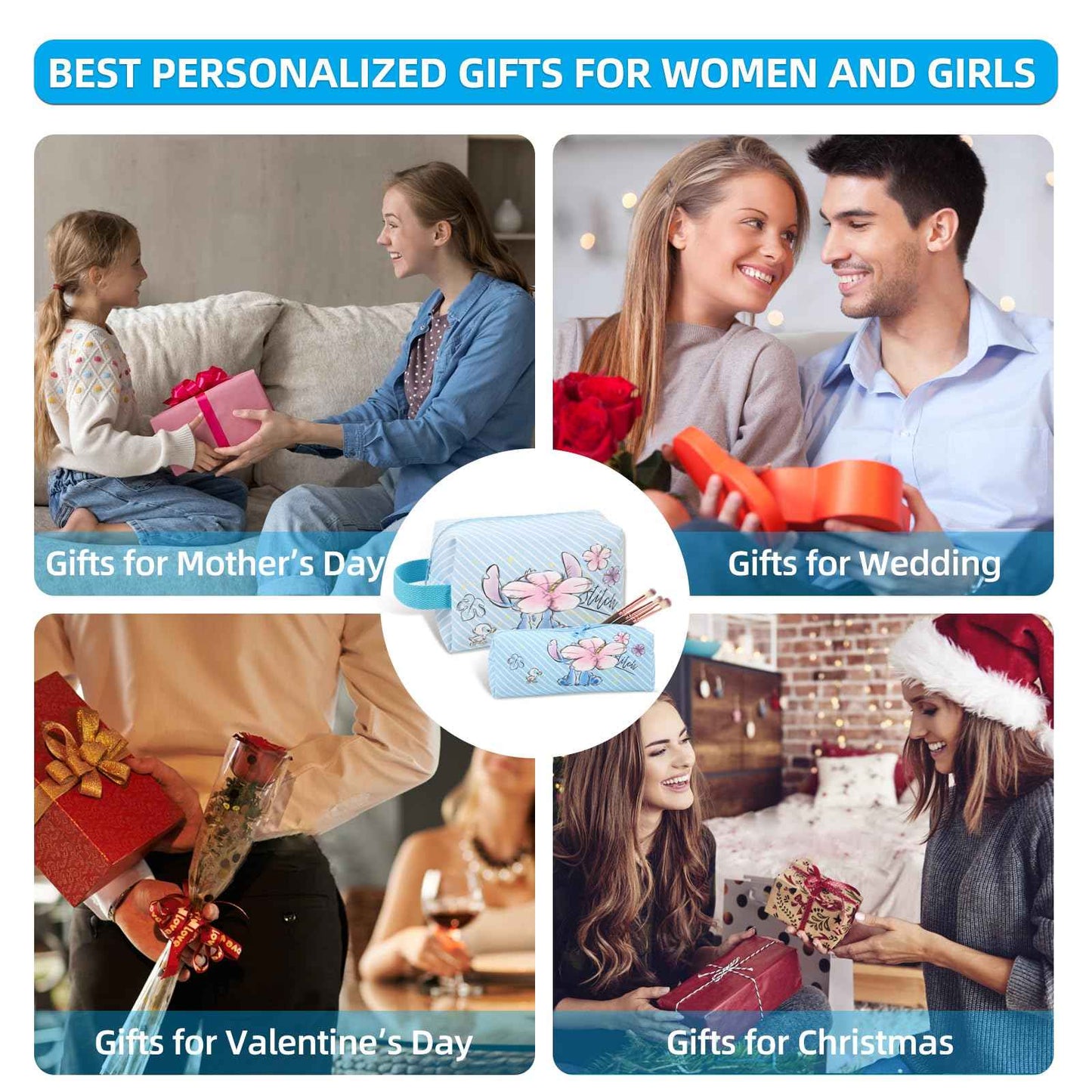 MOBRWUVS Travel Cosmetic Bag, Large Capacity Cartoon Cosmetic Pouch Makeup Bag with Zipper, Travel Toiletry Bag Makeup Accessories Organizer, The Best Gift for Women (Blue)