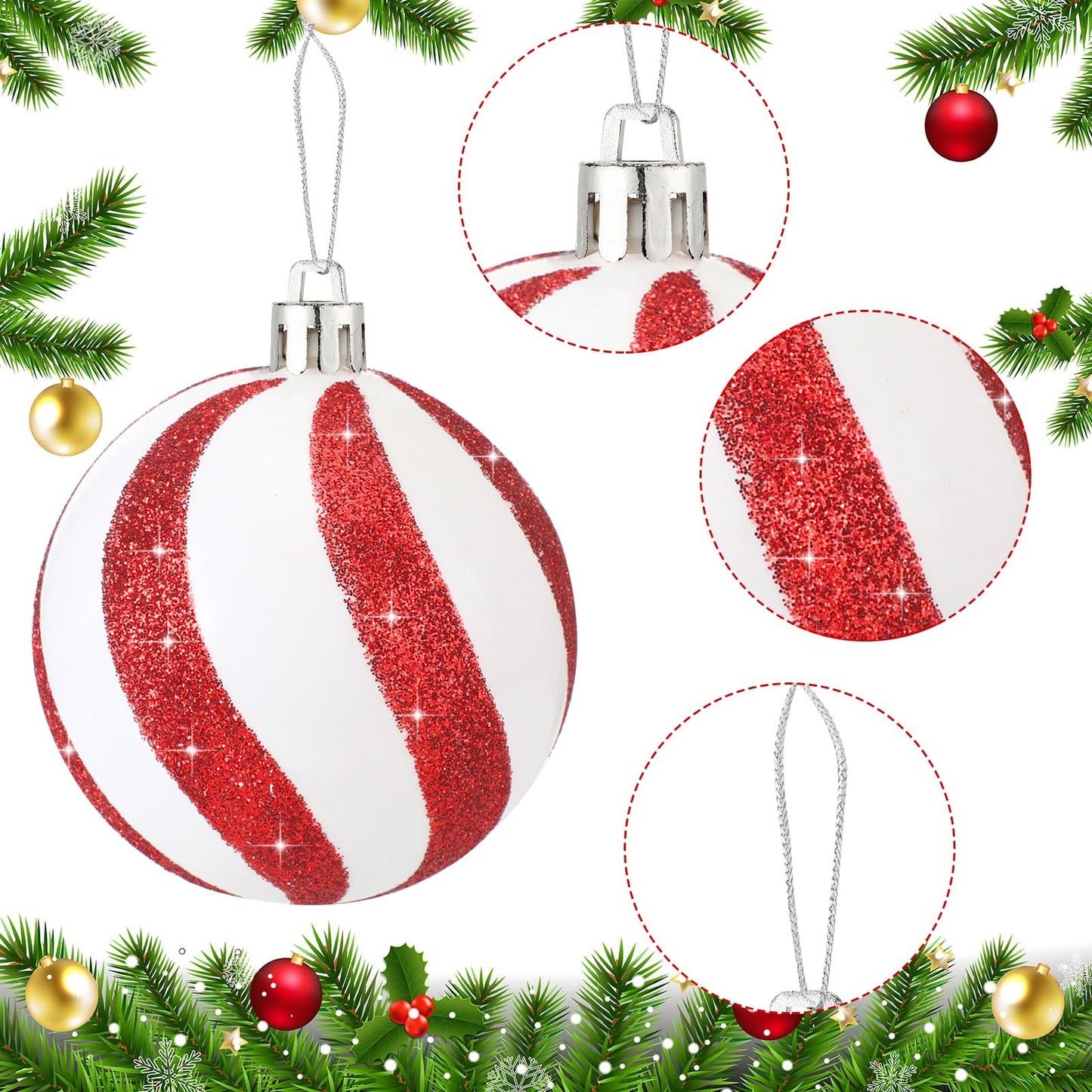 Jenaai 20 Pieces 2.36 Inch Christmas Balls Tree Pendants Plastic Christmas Tree Hanging Ornaments Balls Red and White Peppermint Ornaments for Christmas Tree Xmas Decorations