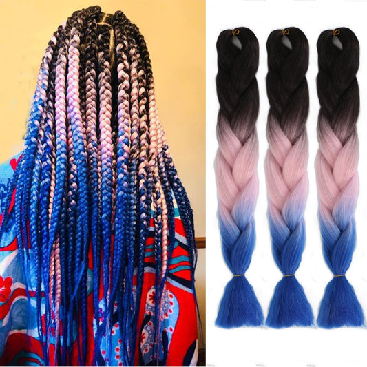 Ombre Braiding Hair Extensions 3 Pack/24 Inch Color Braiding Hair Fiber Crochet Hair for Box Braids Senegal Twist Hair Extensions for Women and Girls (24 Inch, Black+Pink+Blue)…