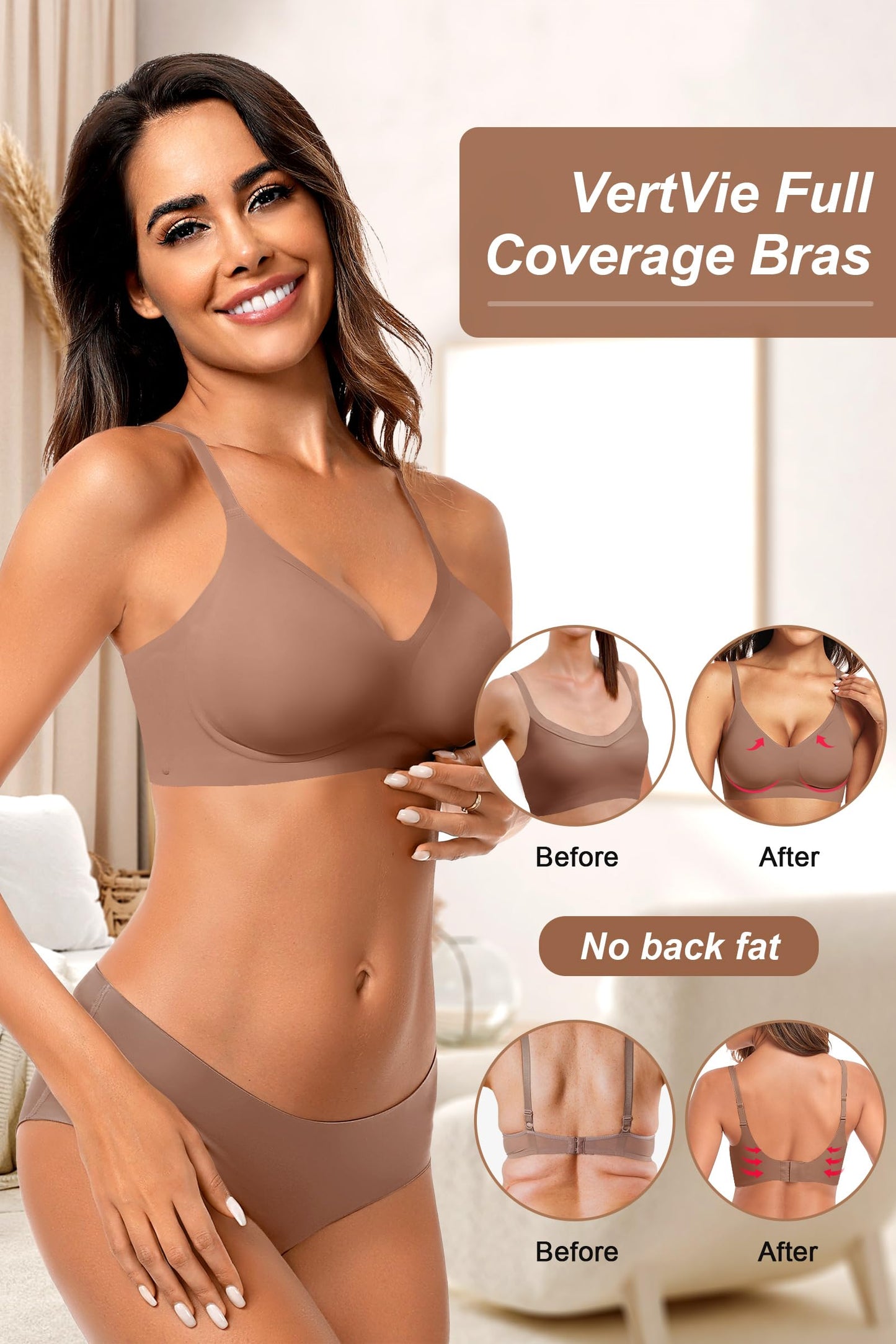 Vertvie Womens Seamless Bra No Underwire Comfort Push Up Bras Buttery Soft Wireless Bralette Full Coverage Sport Everyday Bra(Coffee,Small)