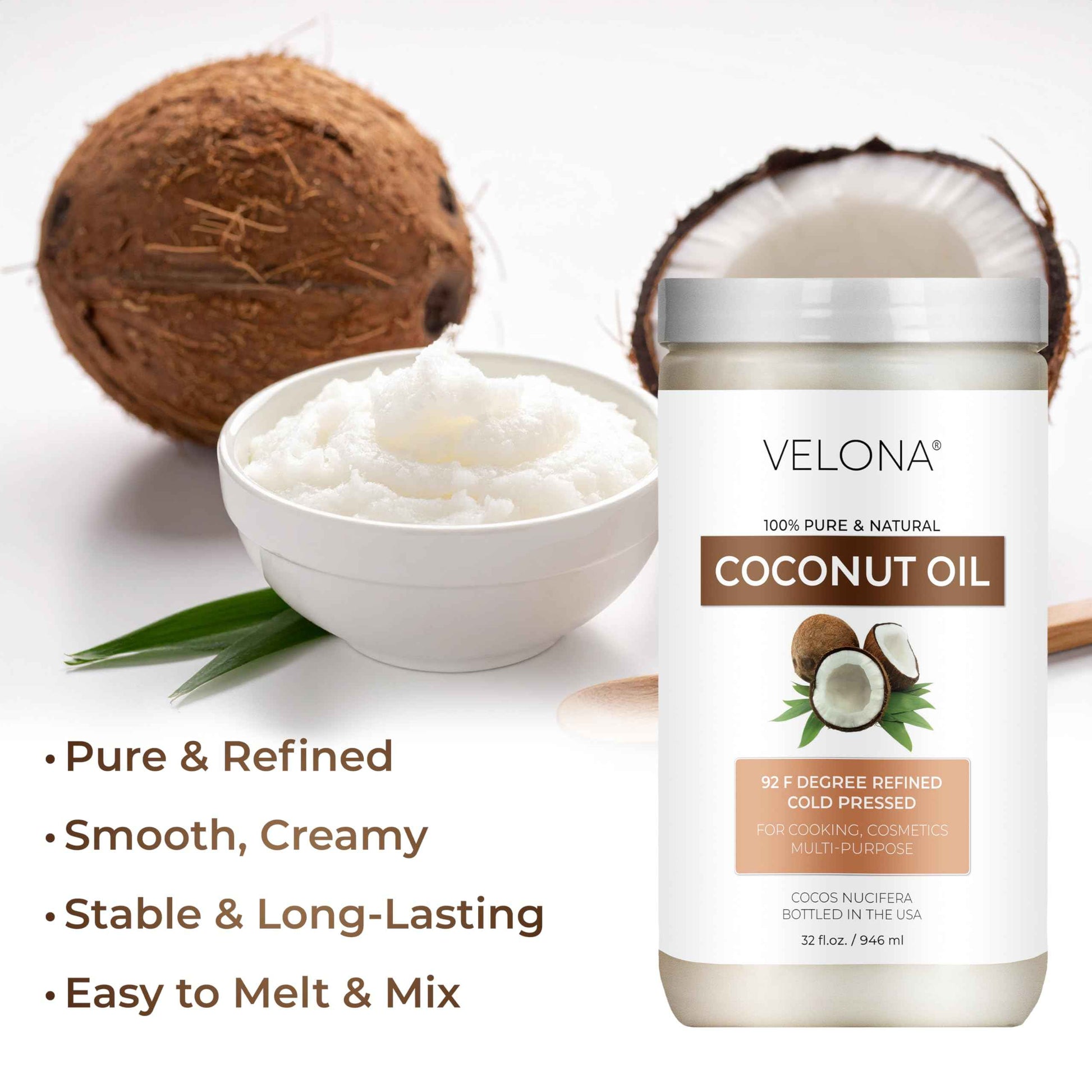 velona Coconut Oil 92 Degree 64 fl oz | 100% Pure and Natural Carrier Oil | in jar | Refined, Cold pressed | Skin, Face, Body, Hair Care | Use Today - Enjoy Results