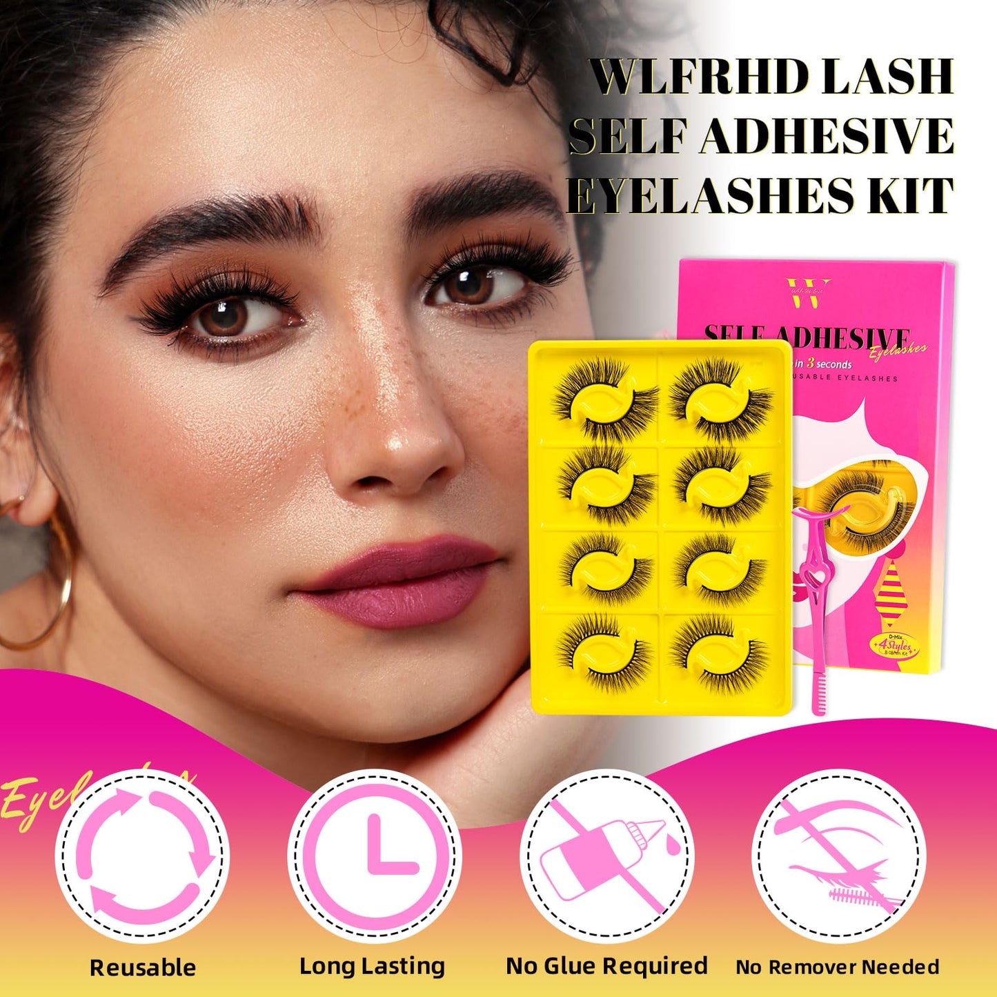 Self Adhesive Eyelashes Lash Clusters 8 Pairs Reusable Adhesive Eyelashes,No Glue Needed,No Sticky Residue Lashes with Tweezers for Diy Lashes Extension at Home by WLFRHD(4Styles08,D-Mix8-18mm Kit)