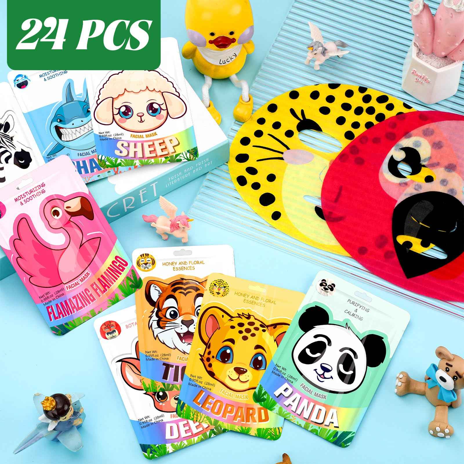 Dansib 24 Pcs Animal Face Masks Bulk Spa Sheet Skincare Facial Mask Funny Face Skin Care for Women Girls Sleepover Slumber Party